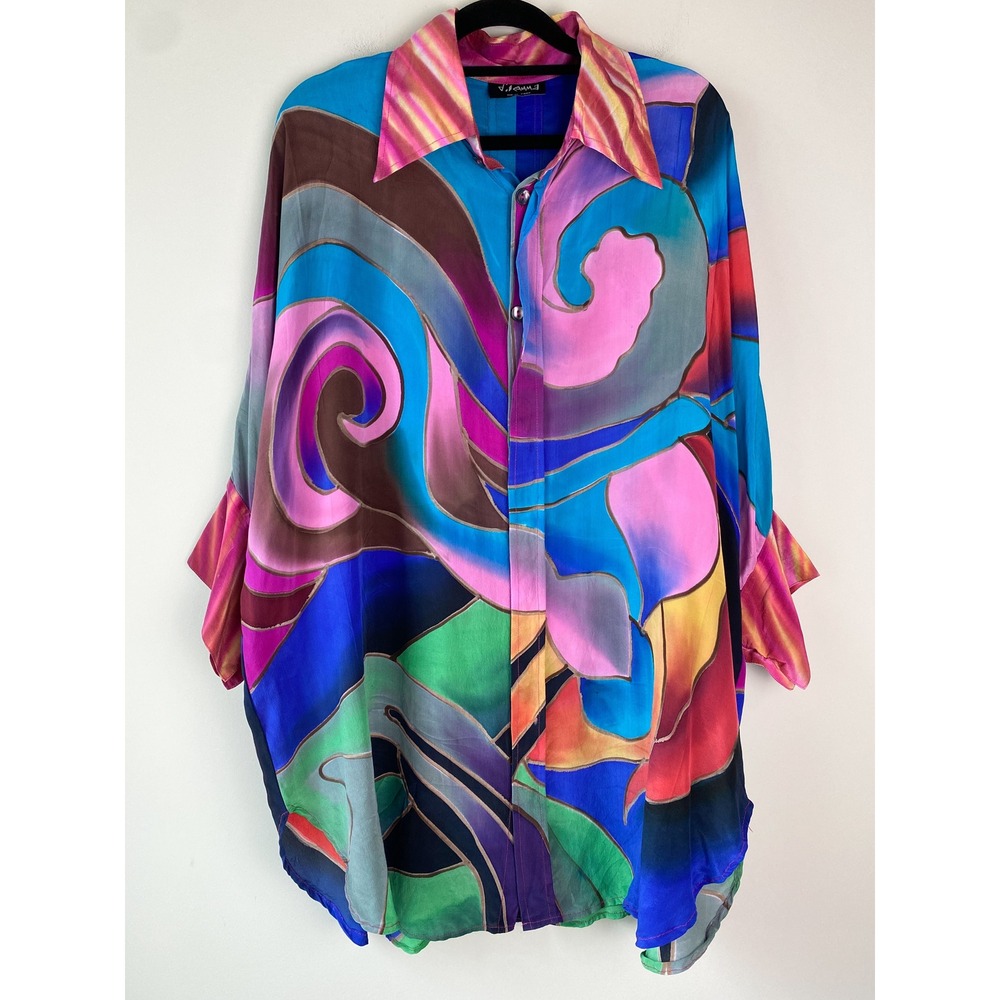 Dilemma Women 100% Silk Button Up‎ Shirt OS Abstract Hand Painted Wearable Art